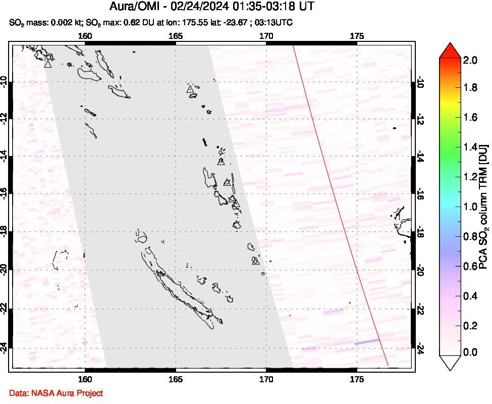 A sulfur dioxide image over Vanuatu, South Pacific on Feb 24, 2024.