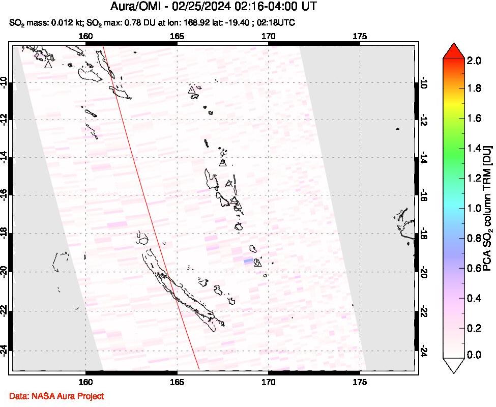 A sulfur dioxide image over Vanuatu, South Pacific on Feb 25, 2024.