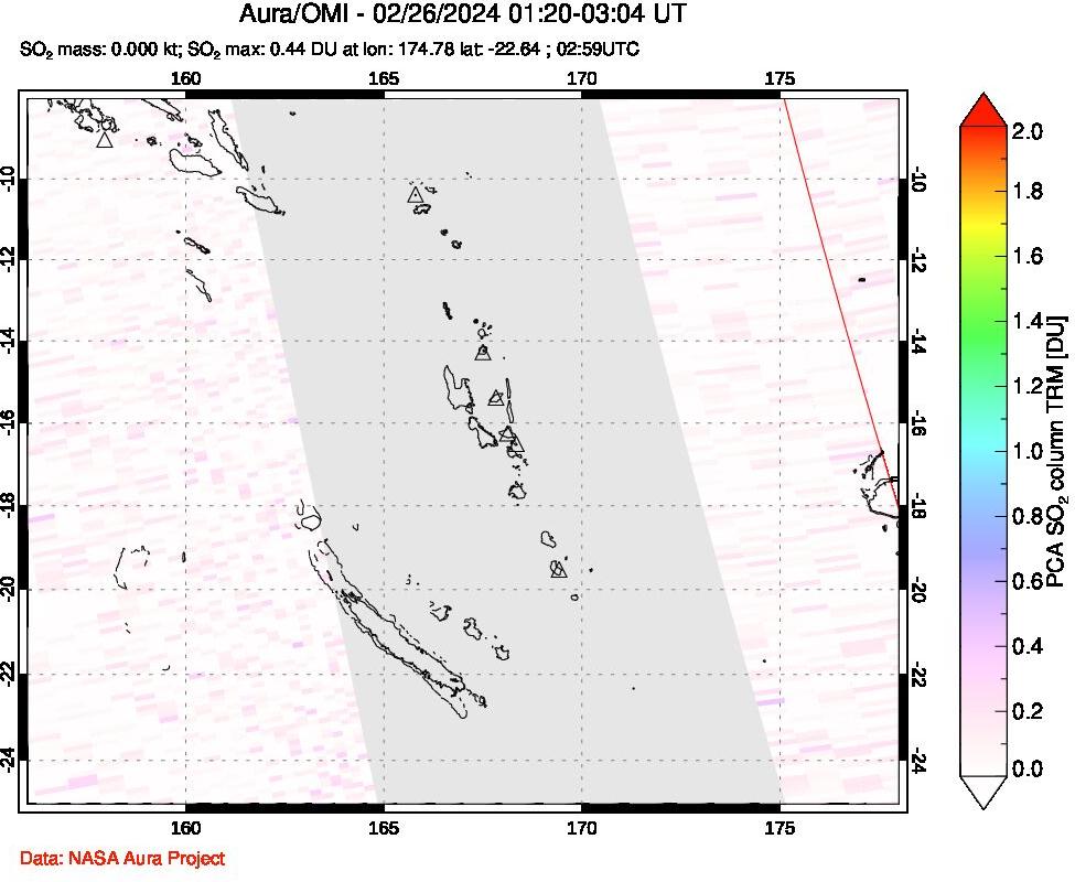 A sulfur dioxide image over Vanuatu, South Pacific on Feb 26, 2024.
