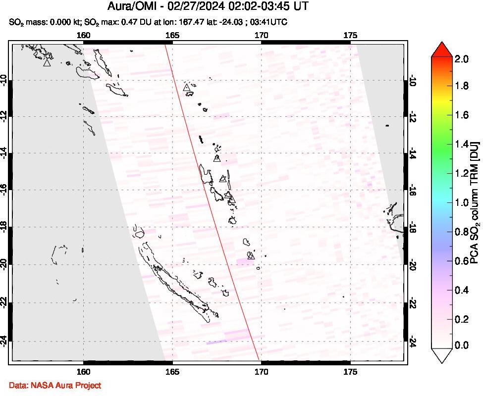 A sulfur dioxide image over Vanuatu, South Pacific on Feb 27, 2024.