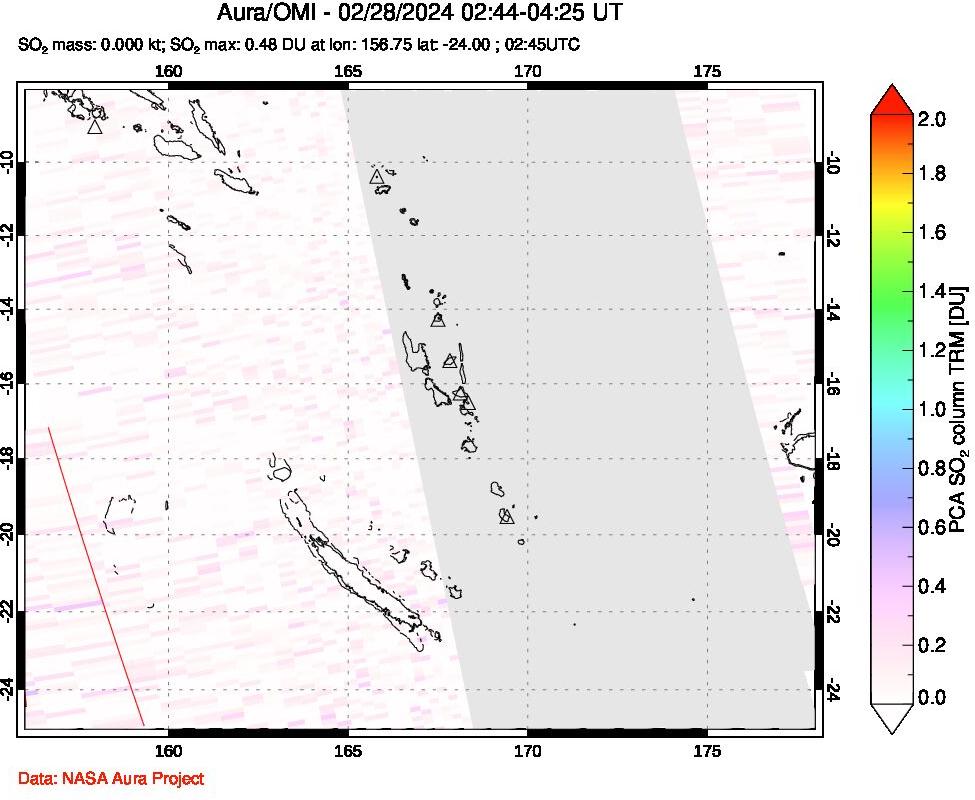A sulfur dioxide image over Vanuatu, South Pacific on Feb 28, 2024.