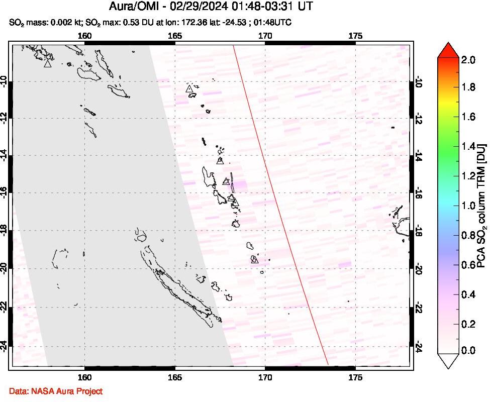 A sulfur dioxide image over Vanuatu, South Pacific on Feb 29, 2024.