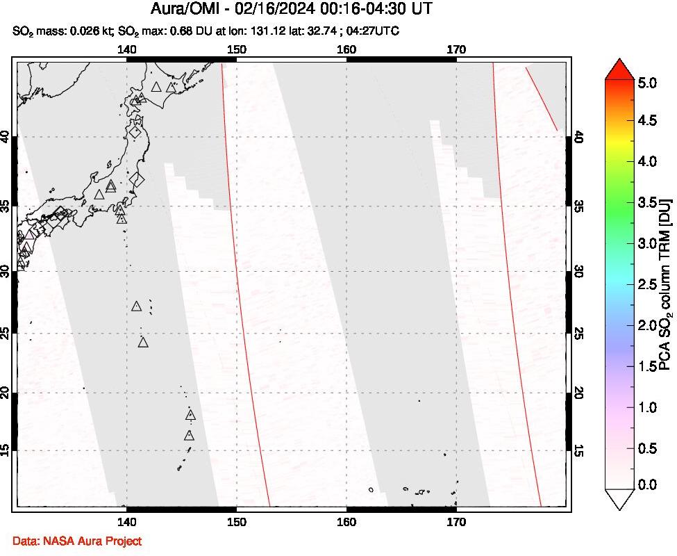 A sulfur dioxide image over Western Pacific on Feb 16, 2024.