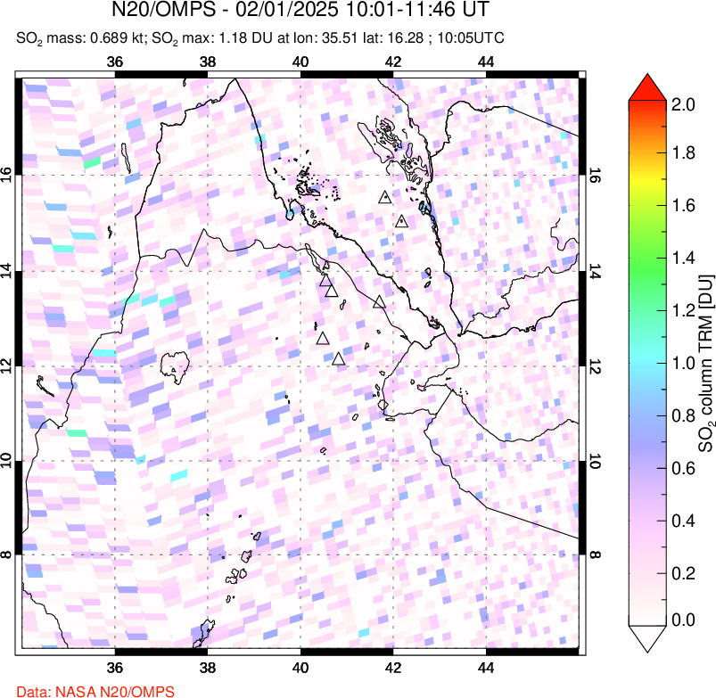 A sulfur dioxide image over Afar and southern Red Sea on Feb 01, 2025.