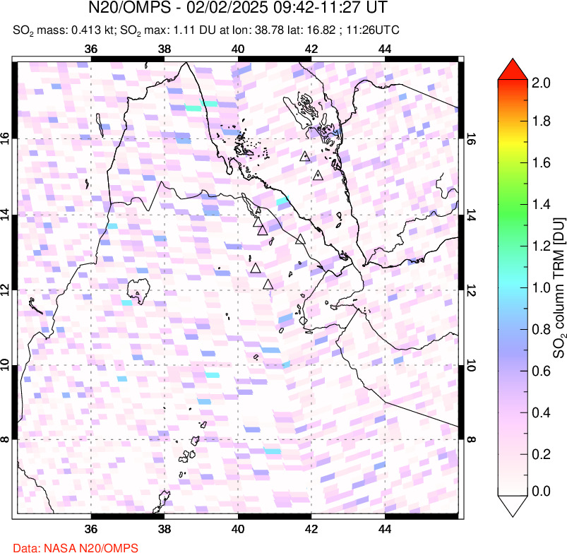 A sulfur dioxide image over Afar and southern Red Sea on Feb 02, 2025.