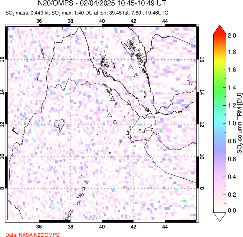 A sulfur dioxide image over Afar and southern Red Sea on Feb 04, 2025.