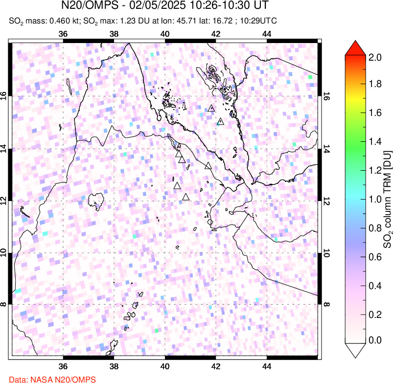 A sulfur dioxide image over Afar and southern Red Sea on Feb 05, 2025.