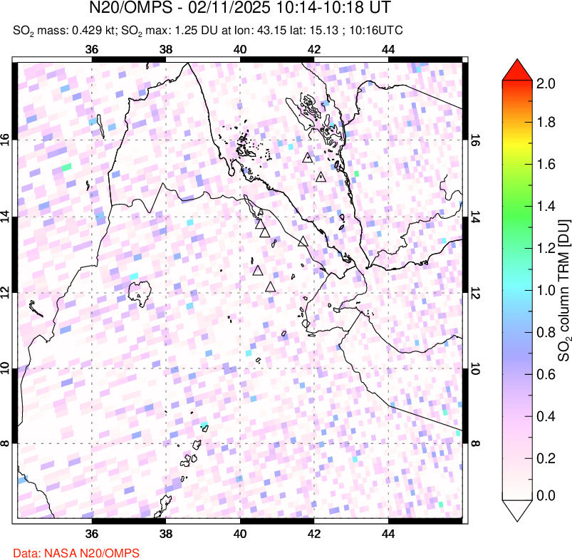 A sulfur dioxide image over Afar and southern Red Sea on Feb 11, 2025.