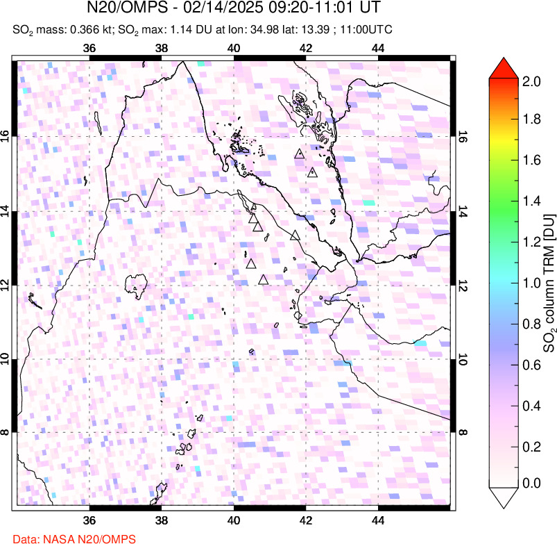 A sulfur dioxide image over Afar and southern Red Sea on Feb 14, 2025.