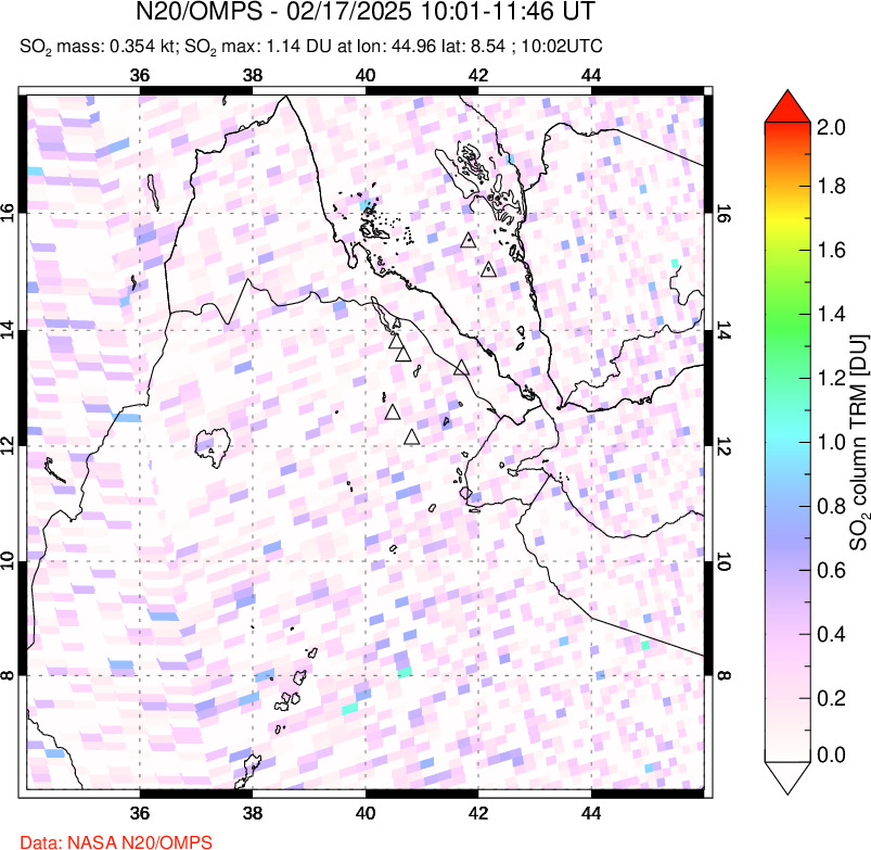 A sulfur dioxide image over Afar and southern Red Sea on Feb 17, 2025.