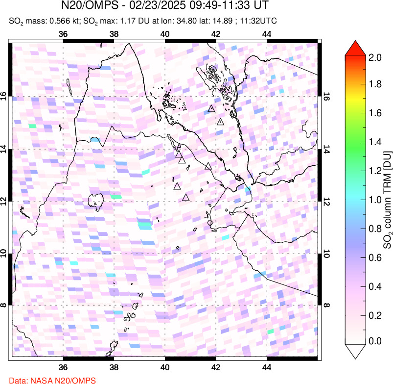 A sulfur dioxide image over Afar and southern Red Sea on Feb 23, 2025.