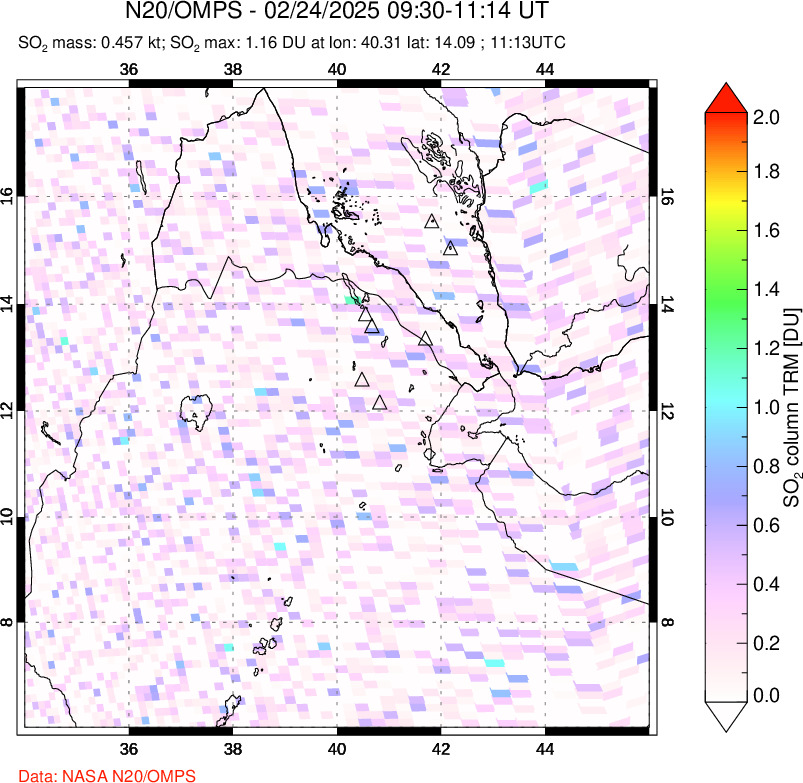 A sulfur dioxide image over Afar and southern Red Sea on Feb 24, 2025.