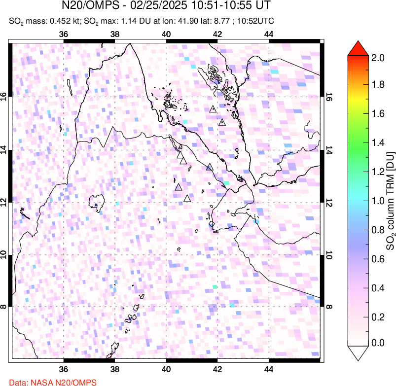 A sulfur dioxide image over Afar and southern Red Sea on Feb 25, 2025.