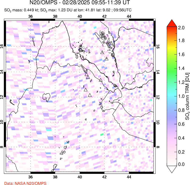 A sulfur dioxide image over Afar and southern Red Sea on Feb 28, 2025.