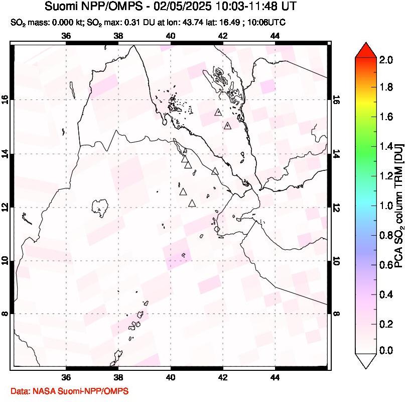 A sulfur dioxide image over Afar and southern Red Sea on Feb 05, 2025.