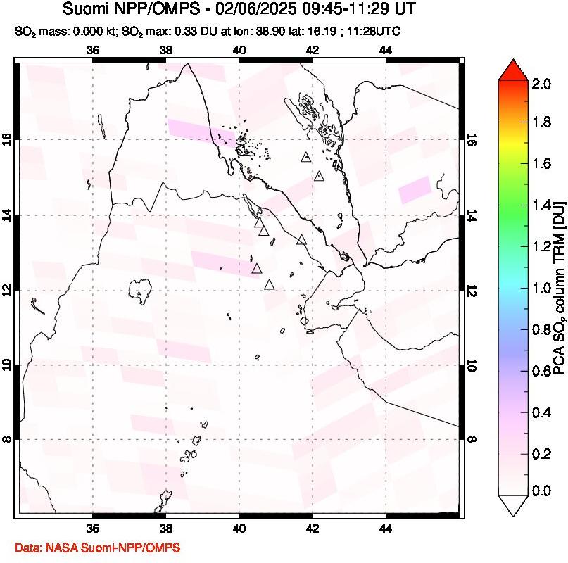 A sulfur dioxide image over Afar and southern Red Sea on Feb 06, 2025.