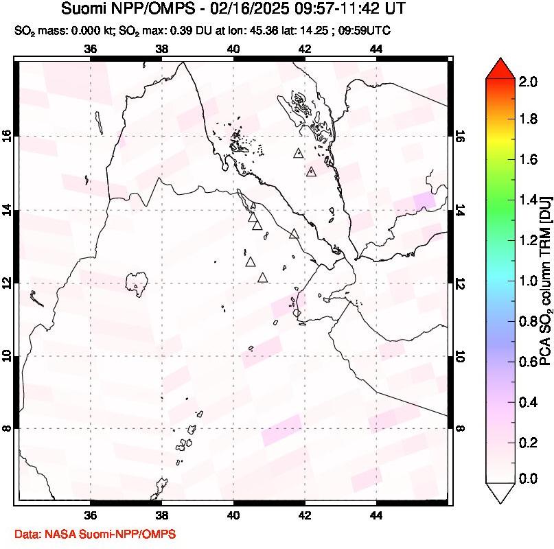 A sulfur dioxide image over Afar and southern Red Sea on Feb 16, 2025.