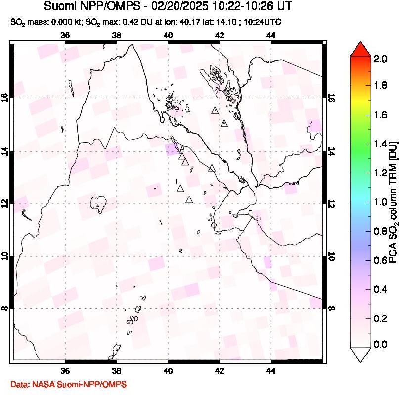 A sulfur dioxide image over Afar and southern Red Sea on Feb 20, 2025.