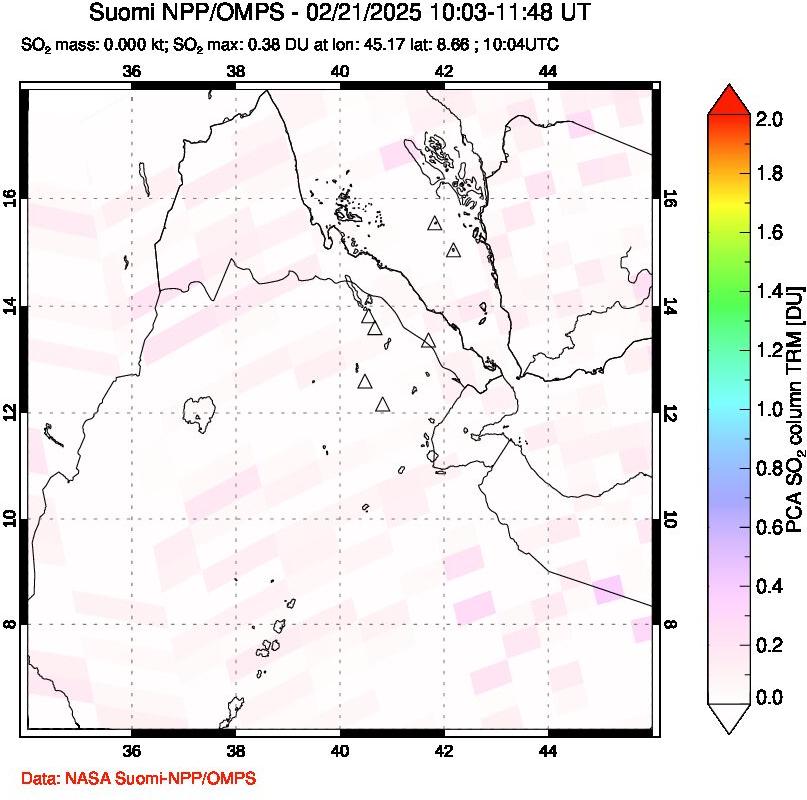 A sulfur dioxide image over Afar and southern Red Sea on Feb 21, 2025.