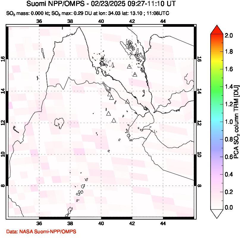 A sulfur dioxide image over Afar and southern Red Sea on Feb 23, 2025.