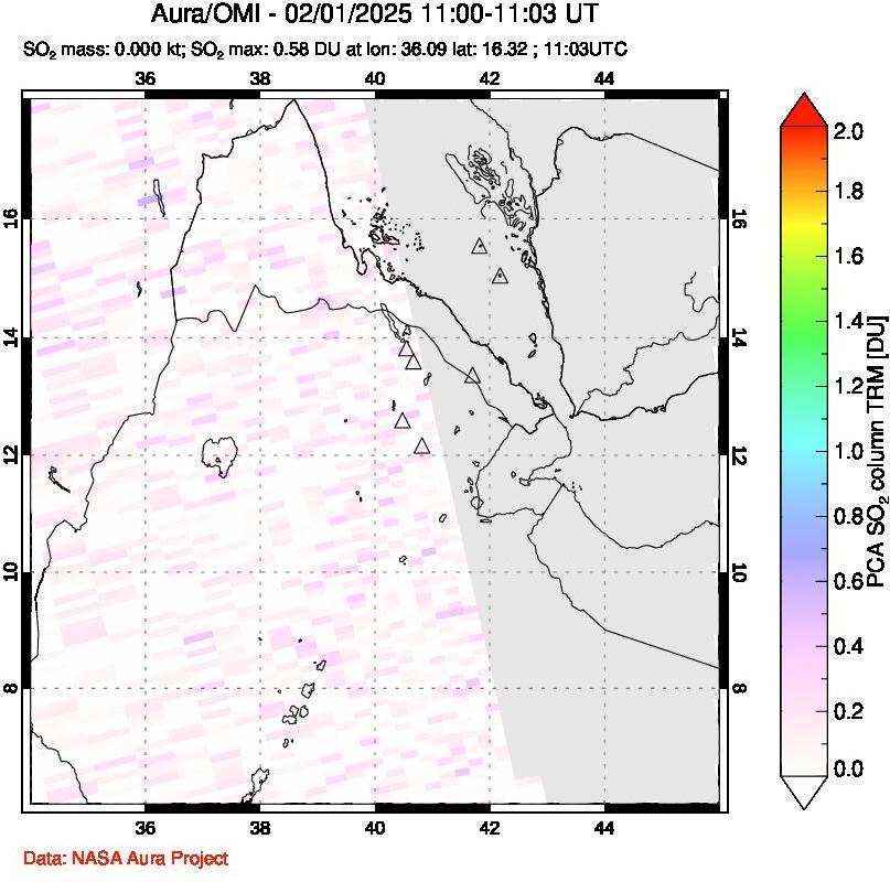 A sulfur dioxide image over Afar and southern Red Sea on Feb 01, 2025.