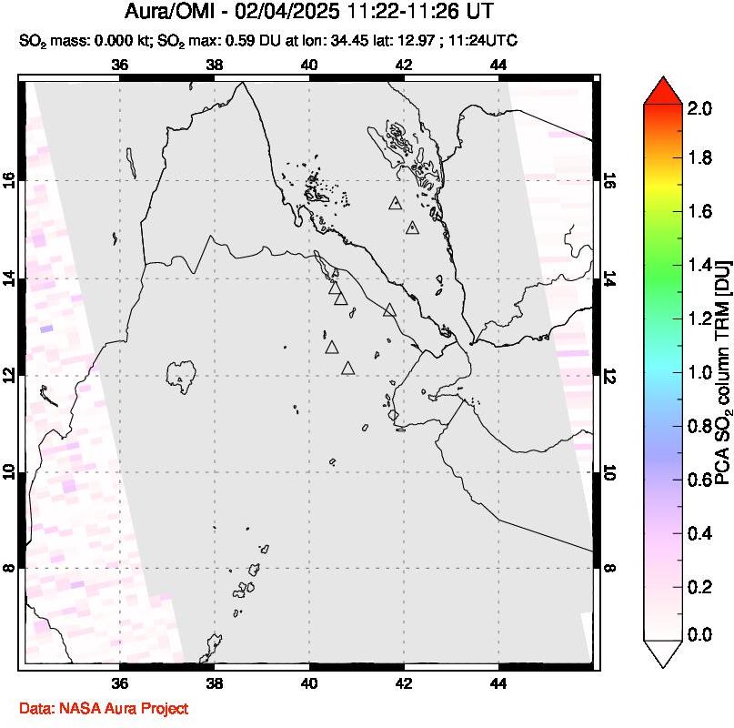 A sulfur dioxide image over Afar and southern Red Sea on Feb 04, 2025.