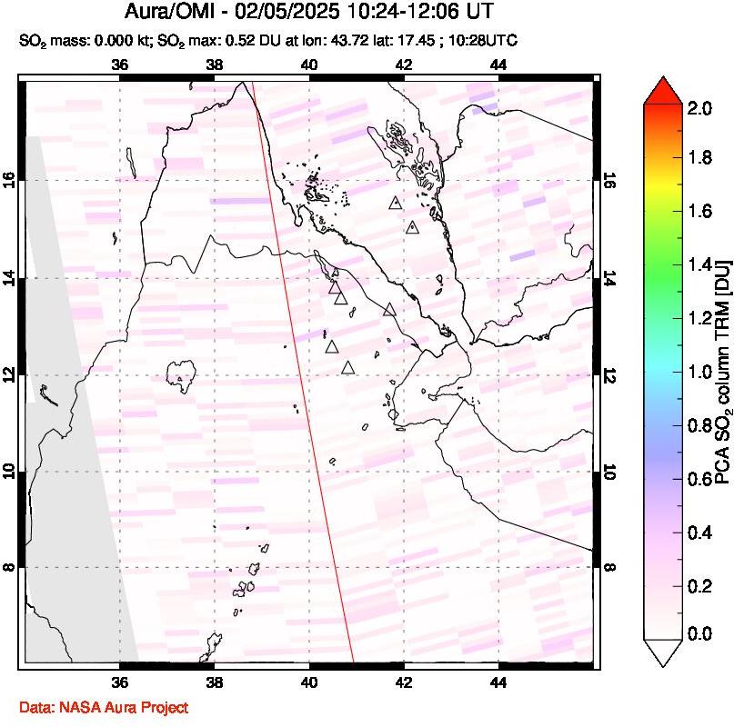 A sulfur dioxide image over Afar and southern Red Sea on Feb 05, 2025.