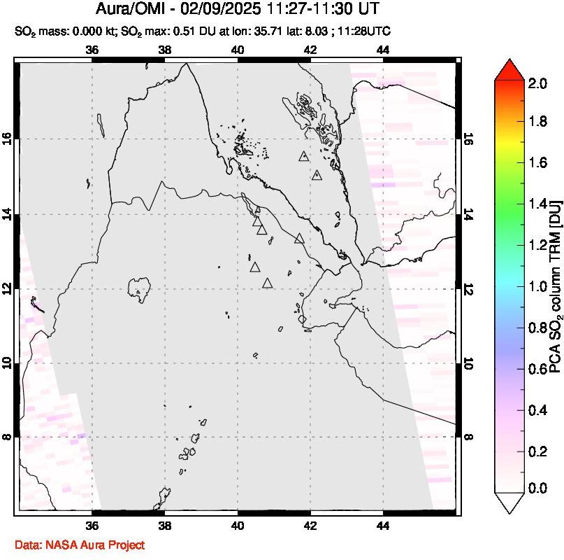 A sulfur dioxide image over Afar and southern Red Sea on Feb 09, 2025.