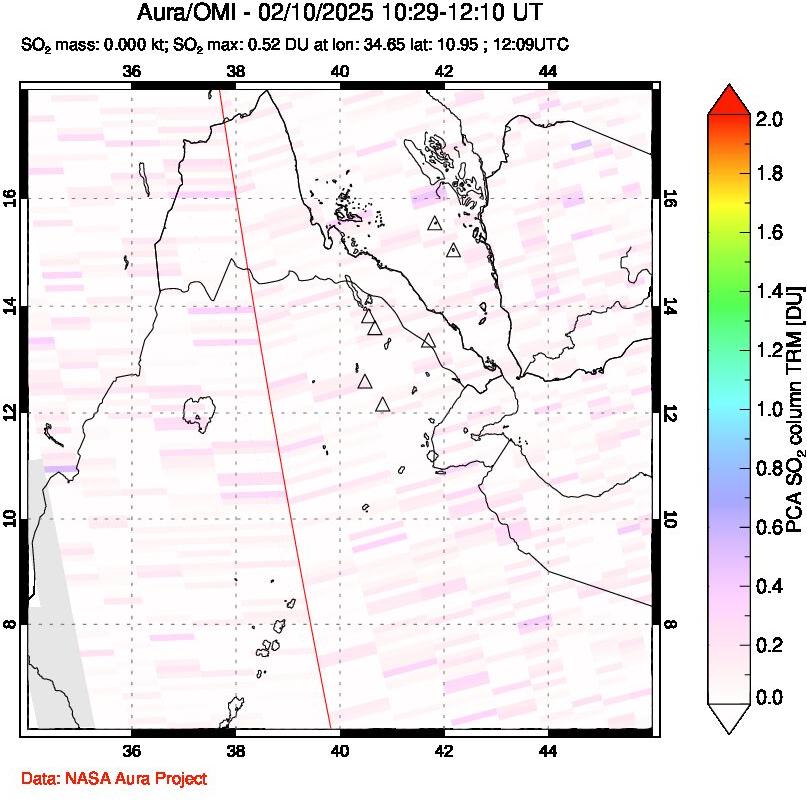 A sulfur dioxide image over Afar and southern Red Sea on Feb 10, 2025.