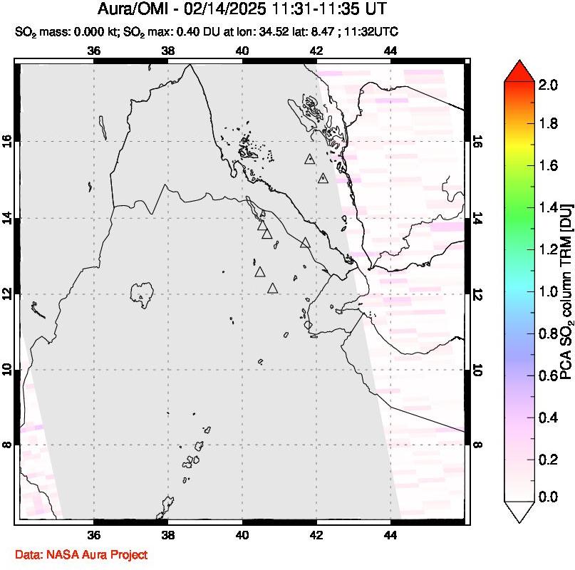 A sulfur dioxide image over Afar and southern Red Sea on Feb 14, 2025.