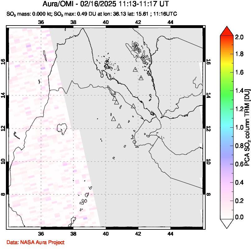 A sulfur dioxide image over Afar and southern Red Sea on Feb 16, 2025.