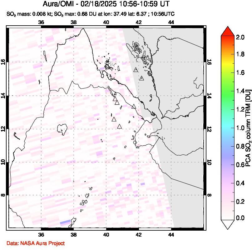 A sulfur dioxide image over Afar and southern Red Sea on Feb 18, 2025.