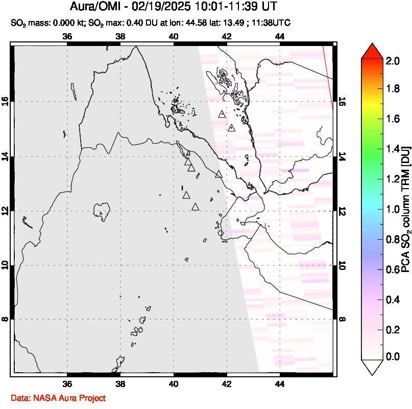 A sulfur dioxide image over Afar and southern Red Sea on Feb 19, 2025.
