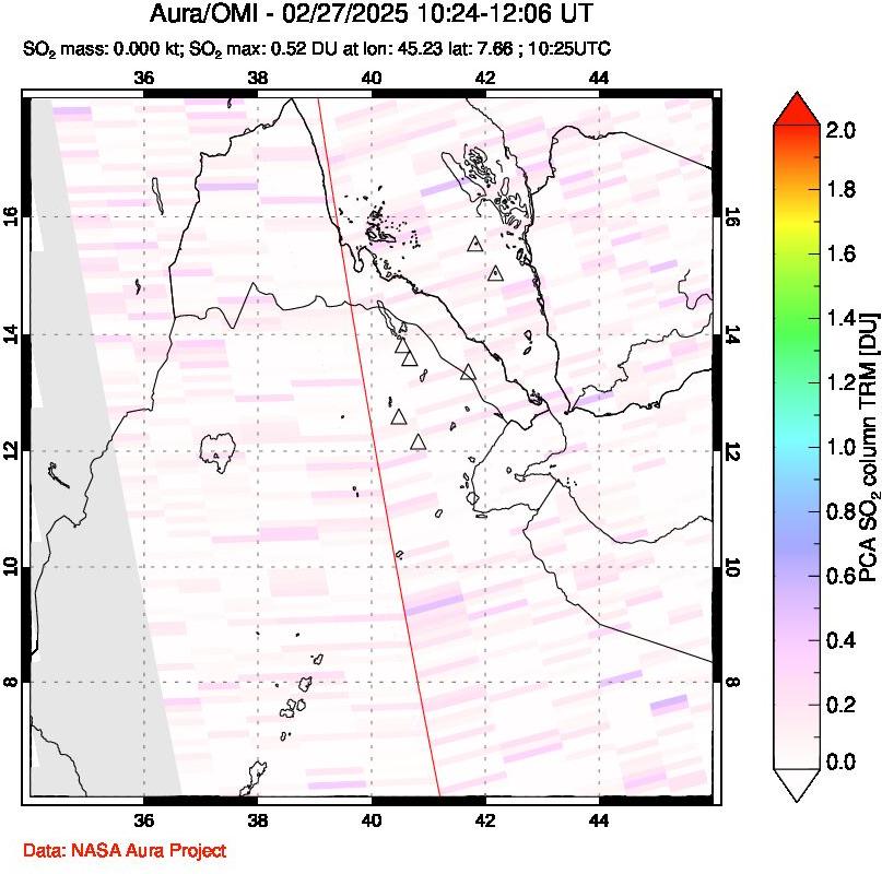 A sulfur dioxide image over Afar and southern Red Sea on Feb 27, 2025.