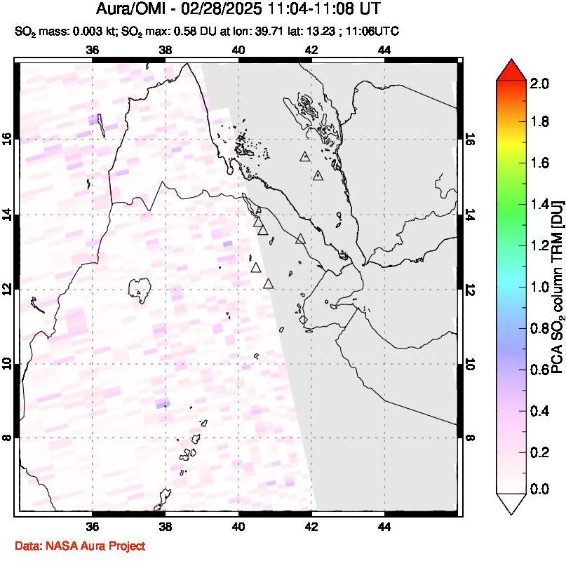 A sulfur dioxide image over Afar and southern Red Sea on Feb 28, 2025.