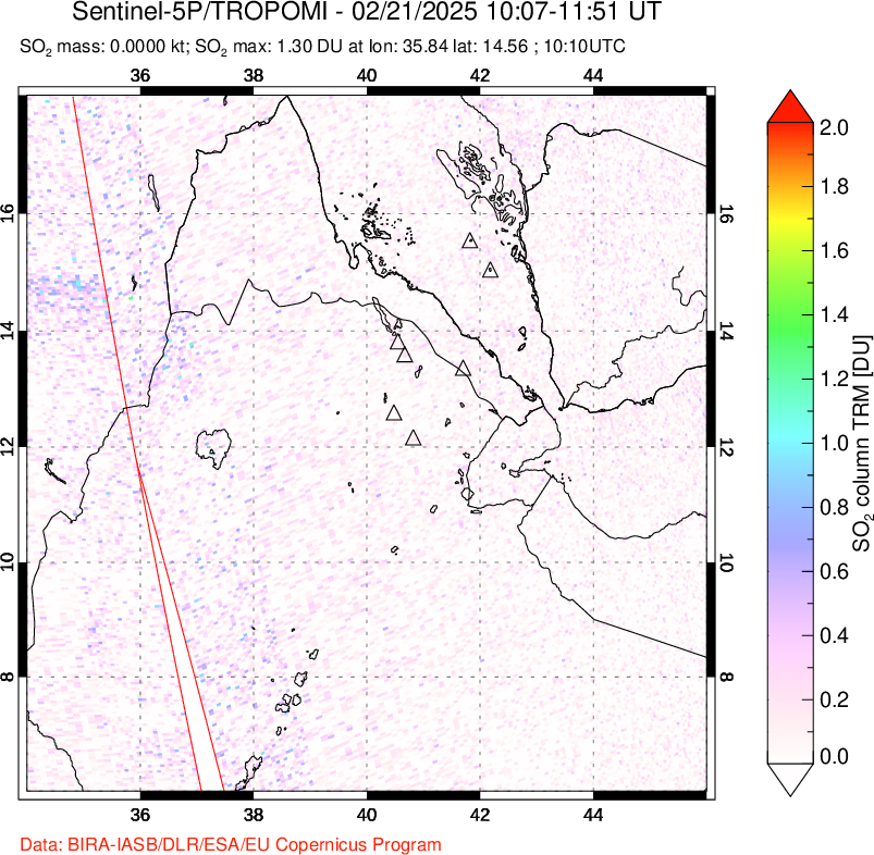 A sulfur dioxide image over Afar and southern Red Sea on Feb 21, 2025.