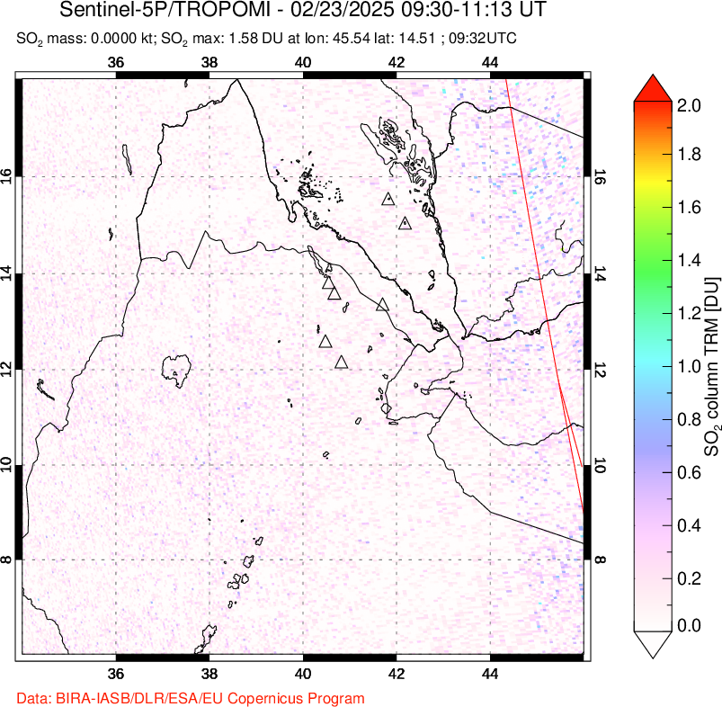 A sulfur dioxide image over Afar and southern Red Sea on Feb 23, 2025.