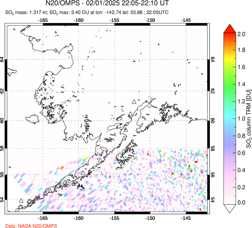 A sulfur dioxide image over Alaska, USA on Feb 01, 2025.