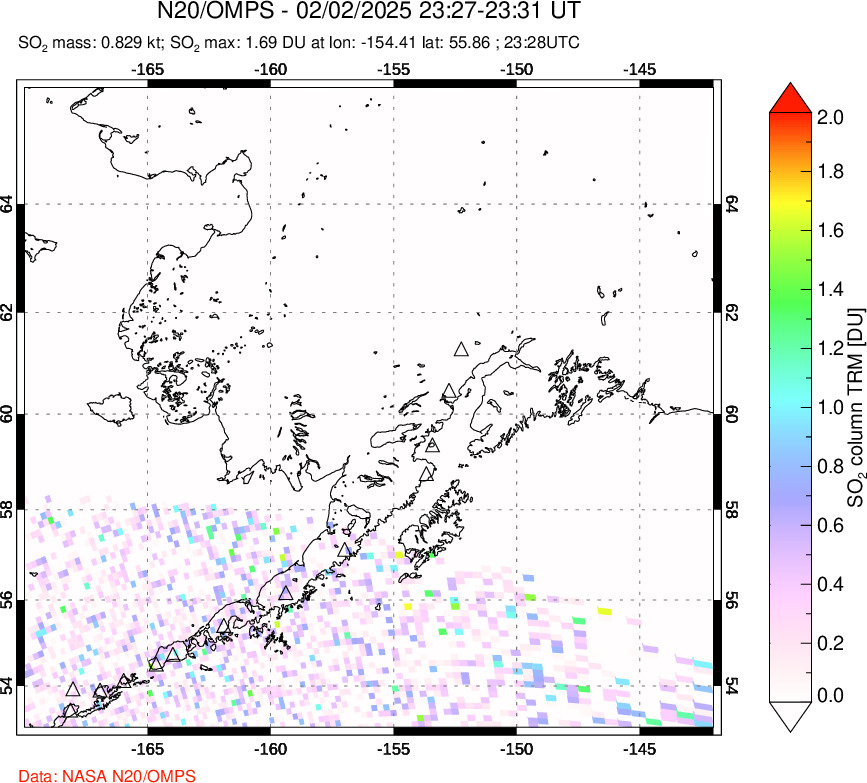 A sulfur dioxide image over Alaska, USA on Feb 02, 2025.