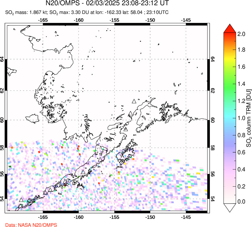 A sulfur dioxide image over Alaska, USA on Feb 03, 2025.