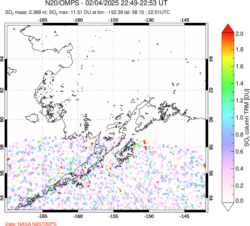 A sulfur dioxide image over Alaska, USA on Feb 04, 2025.