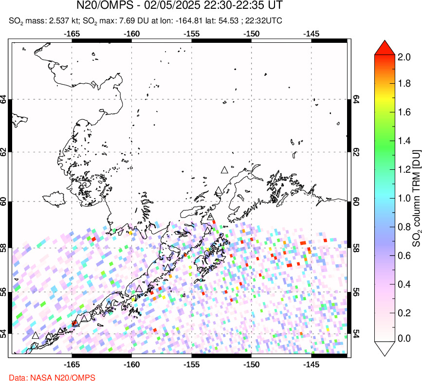 A sulfur dioxide image over Alaska, USA on Feb 05, 2025.