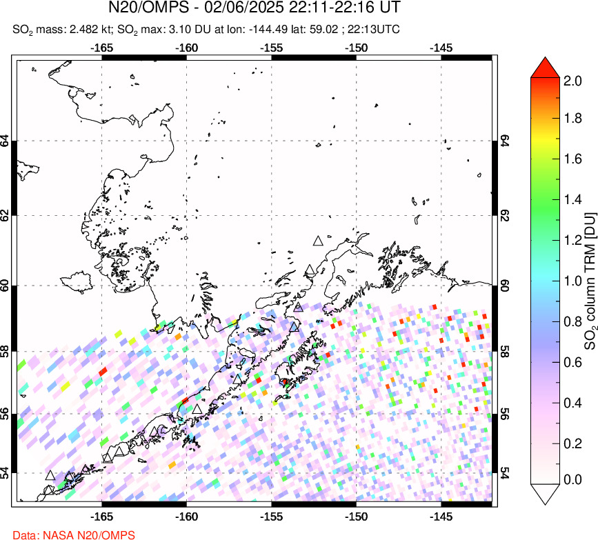 A sulfur dioxide image over Alaska, USA on Feb 06, 2025.