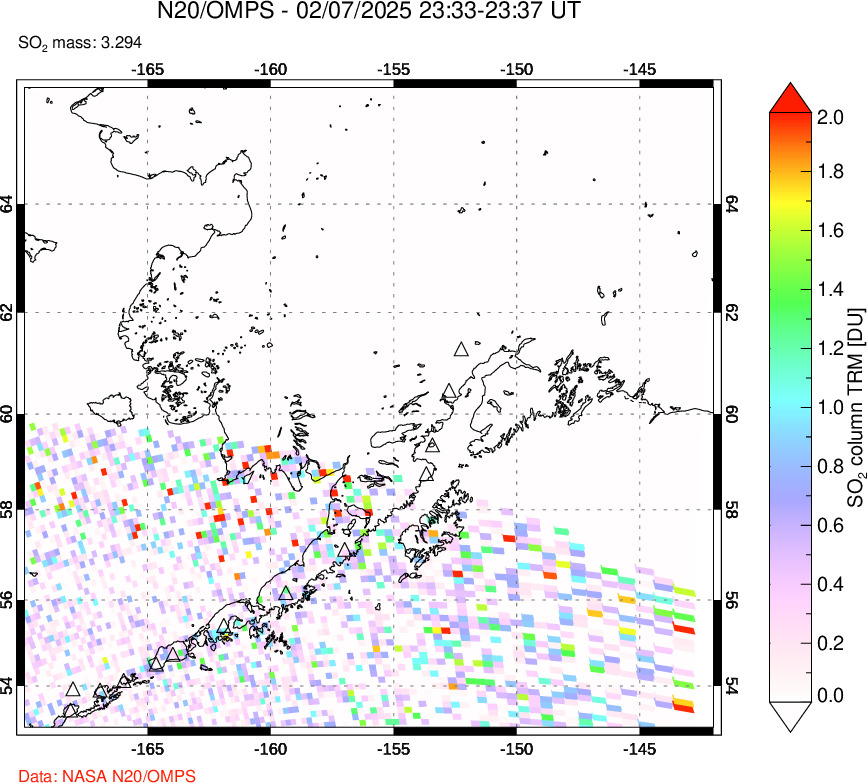 A sulfur dioxide image over Alaska, USA on Feb 07, 2025.