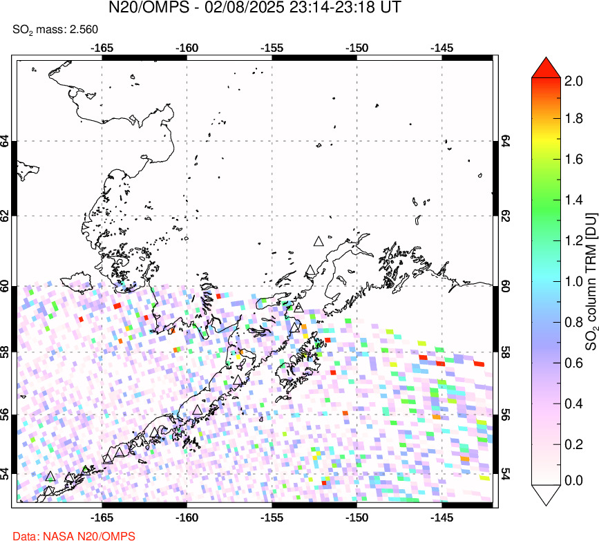 A sulfur dioxide image over Alaska, USA on Feb 08, 2025.