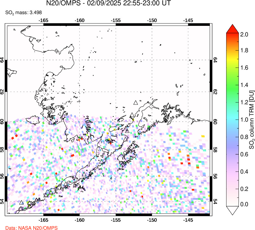 A sulfur dioxide image over Alaska, USA on Feb 09, 2025.