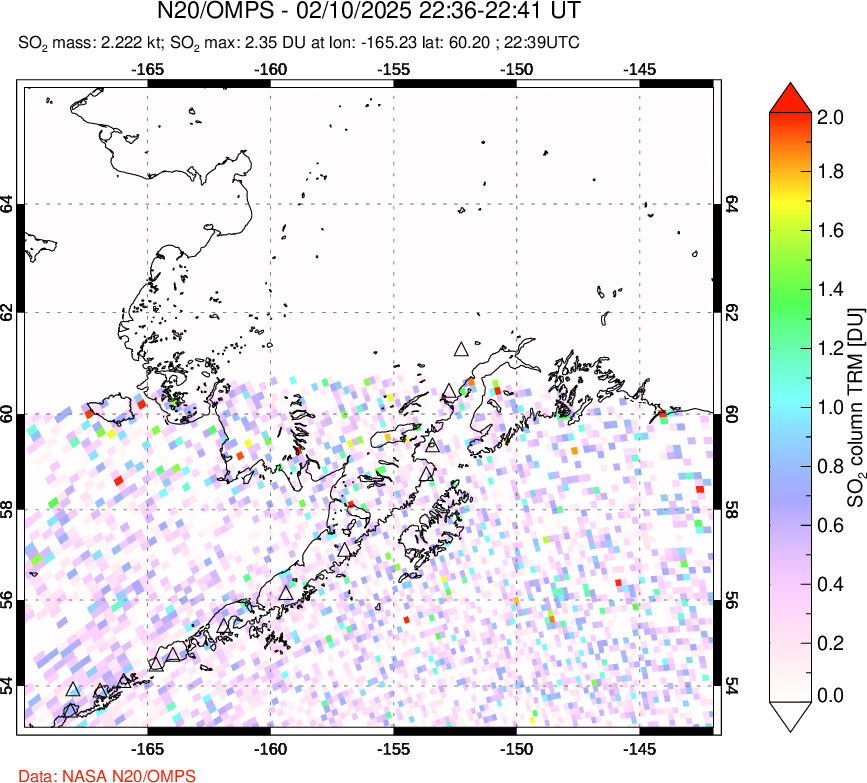 A sulfur dioxide image over Alaska, USA on Feb 10, 2025.