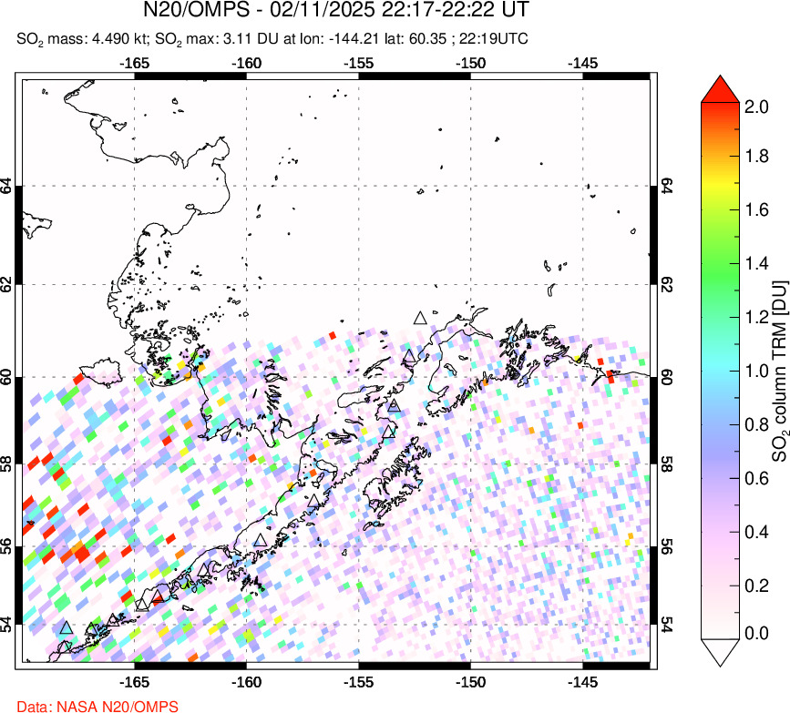 A sulfur dioxide image over Alaska, USA on Feb 11, 2025.