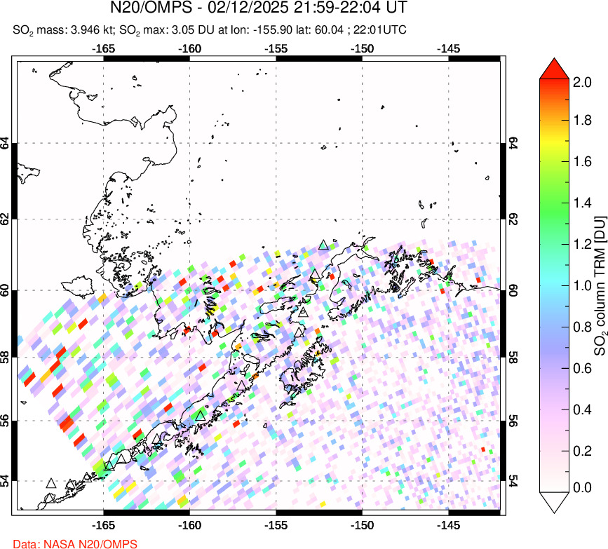 A sulfur dioxide image over Alaska, USA on Feb 12, 2025.