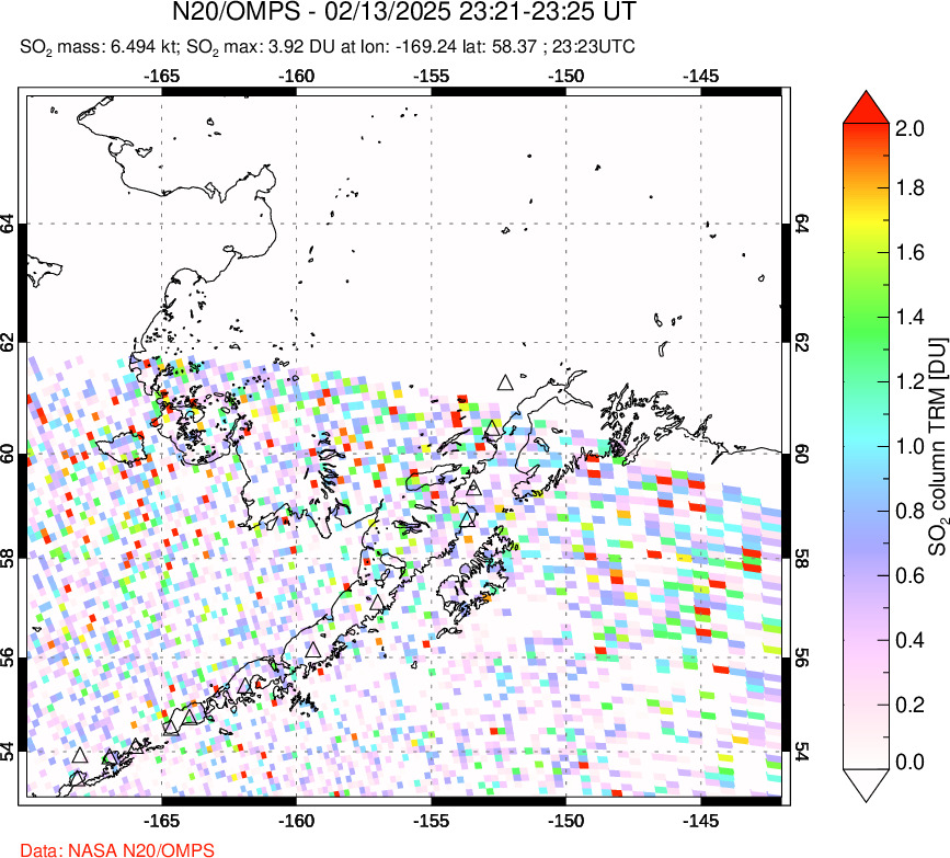 A sulfur dioxide image over Alaska, USA on Feb 13, 2025.